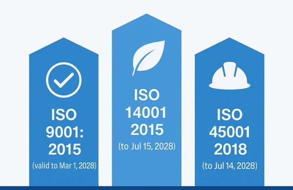 Three blue vertical pillars labeled ISO 9001 (QMS), ISO 14001 (EMS), and ISO 45001 (HSMS) representing Spectra’s certifications.