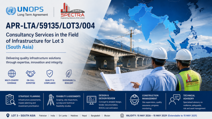 SES (JV DQA_SES_EPC) supports UNOPS under APR-LTA/59135/LOT3/004 with planning, feasibility, design review, and supervision services across South Asia.